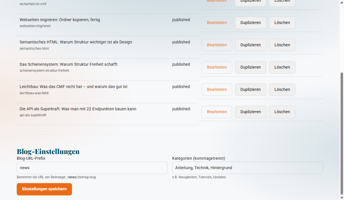 Backend: Blog-Beitragsliste und Einstellungen
