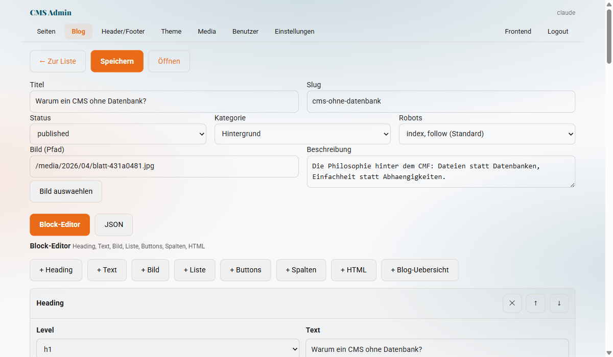 Backend: Blog-Post-Editor mit Kategorie, Bild und Beschreibung