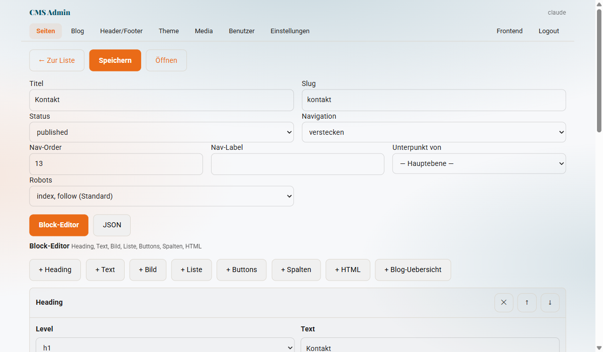 Backend: Seiten-Editor mit Formularfeldern und Block-Toolbar