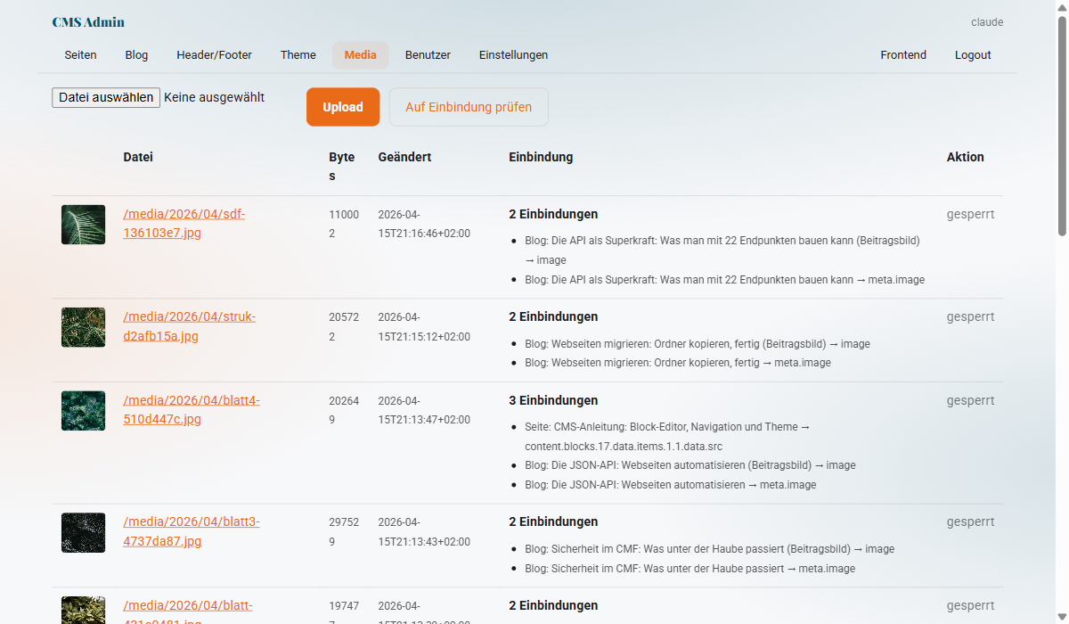 Backend: Media-Übersicht mit Thumbnails und Einbindungen