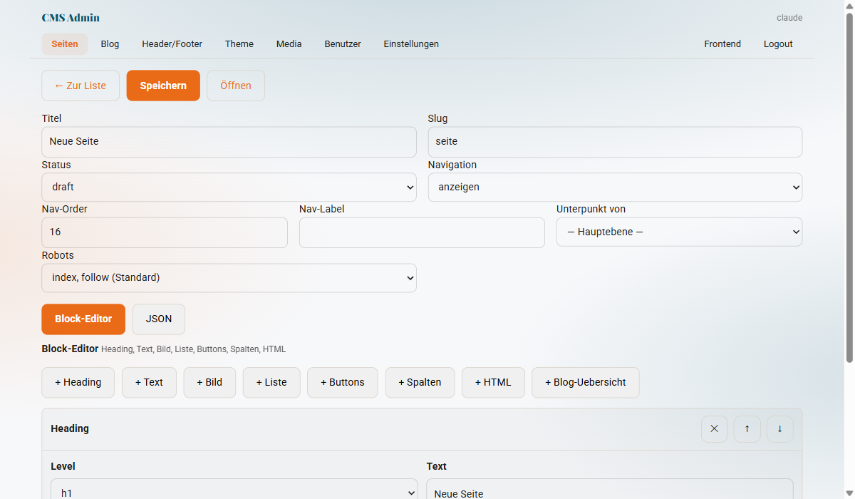 Backend: Neue Seite anlegen mit Formularfeldern