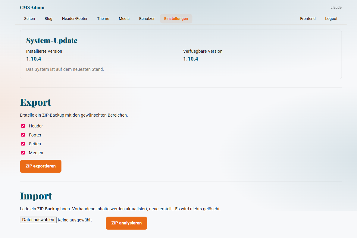 Backend: Einstellungen mit System-Update, Export und Import