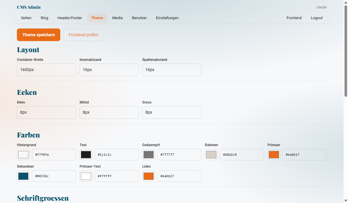 Backend: Theme-Editor mit Farben, Layout und Schriftgrößen