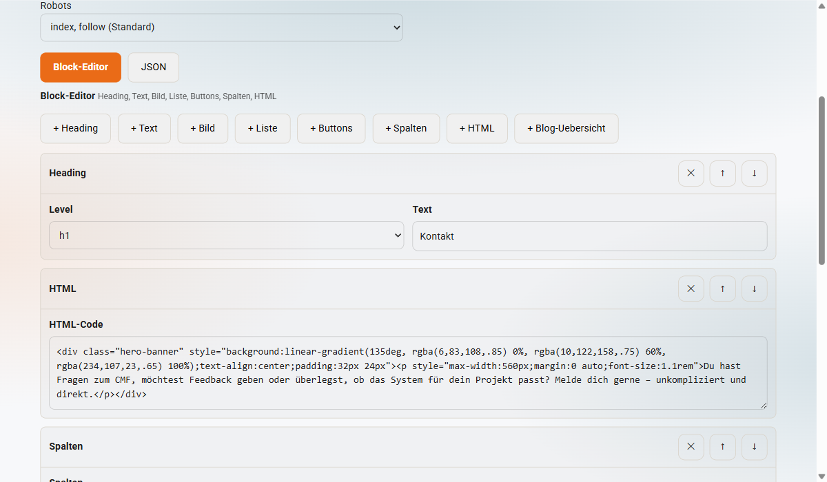 Backend: Block-Toolbar und Editor-Blöcke mit Aktionen