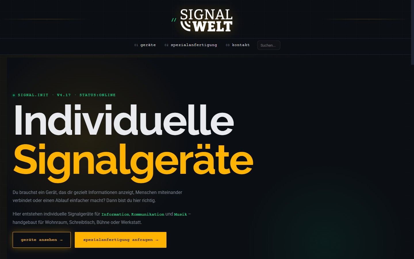 Startseite von signalwelt.de – dunkles Design mit gelben Akzenten
