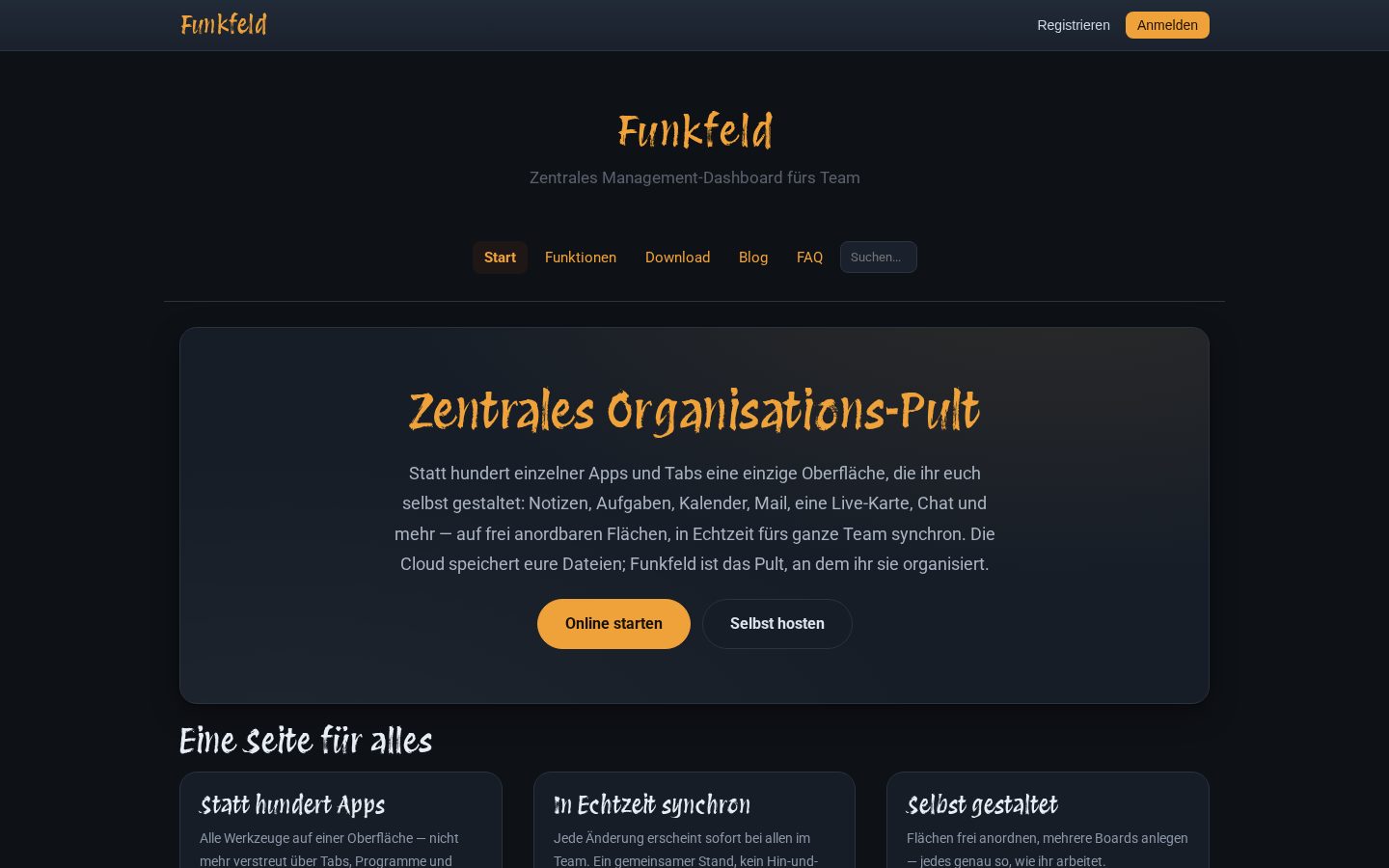 Startseite von funkfeld.brosemedien.de – dunkles Design mit orangem Akzent und Schreibschrift-Überschriften
