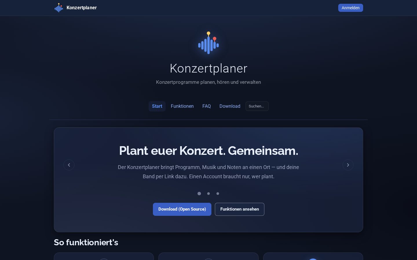 Startseite von konzertplaner.brosemedien.de – dunkelblaues Design mit blauen Akzenten