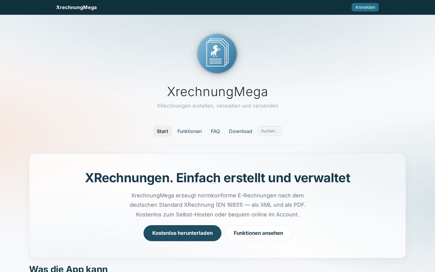 Startseite von xrechnung.brosemedien.de – helles Design mit Petrol-Akzent und zentriertem Hero